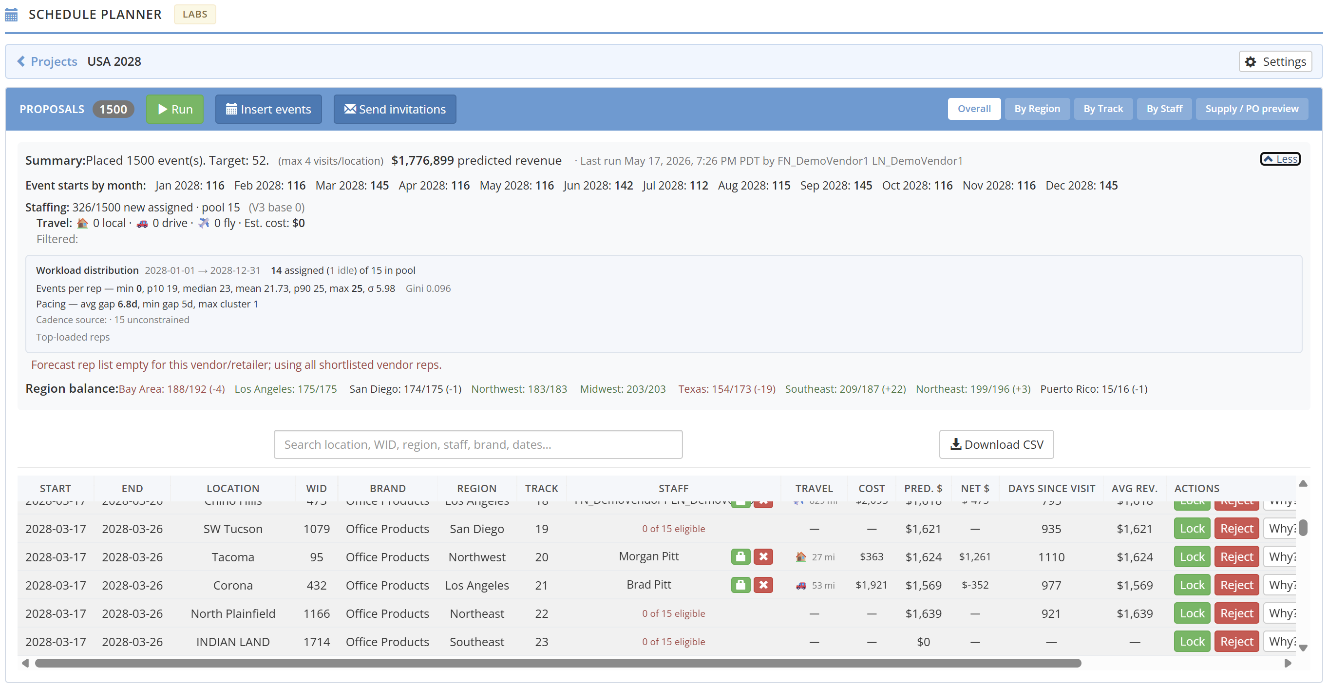 Schedule Planner proposals view showing Insert Events and Send Invitations buttons