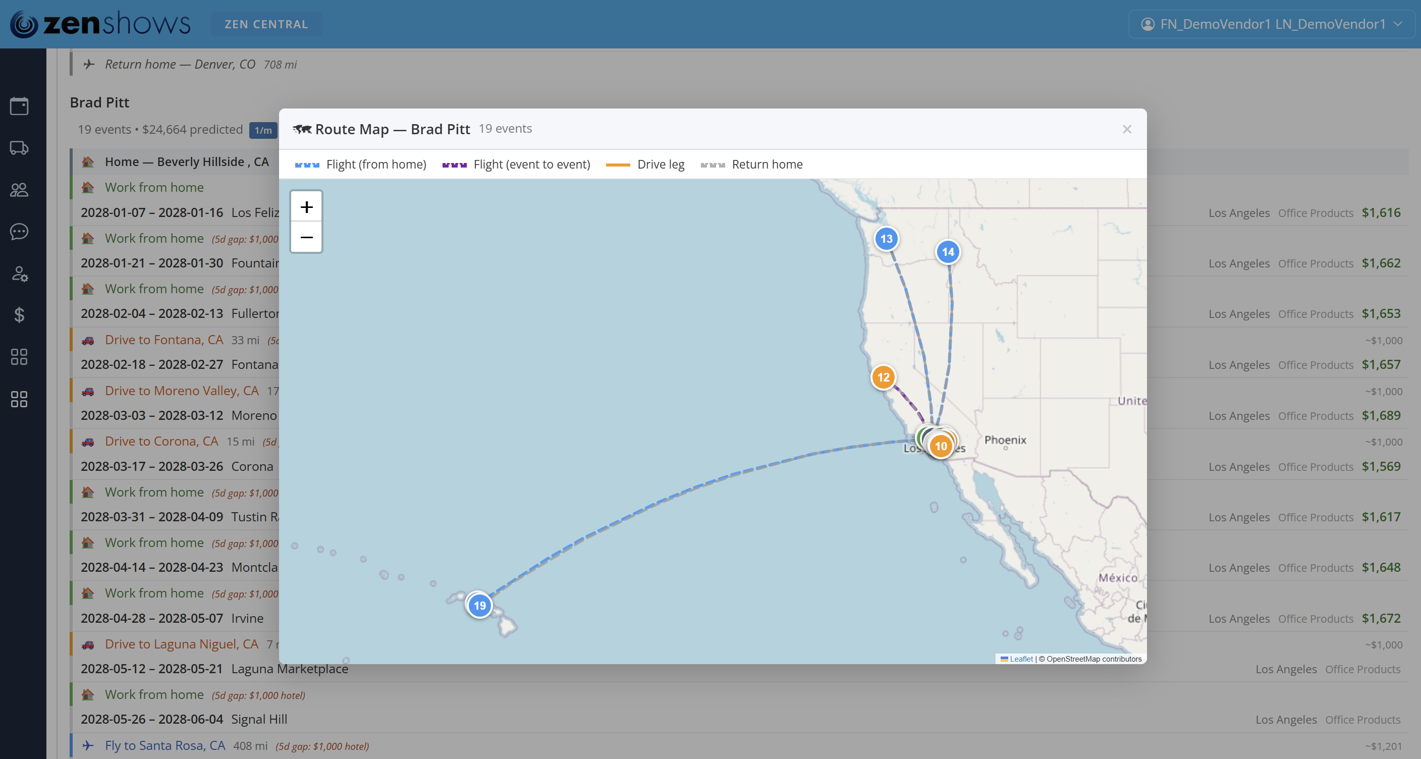 Per-rep route map showing flight and drive legs across scheduled events