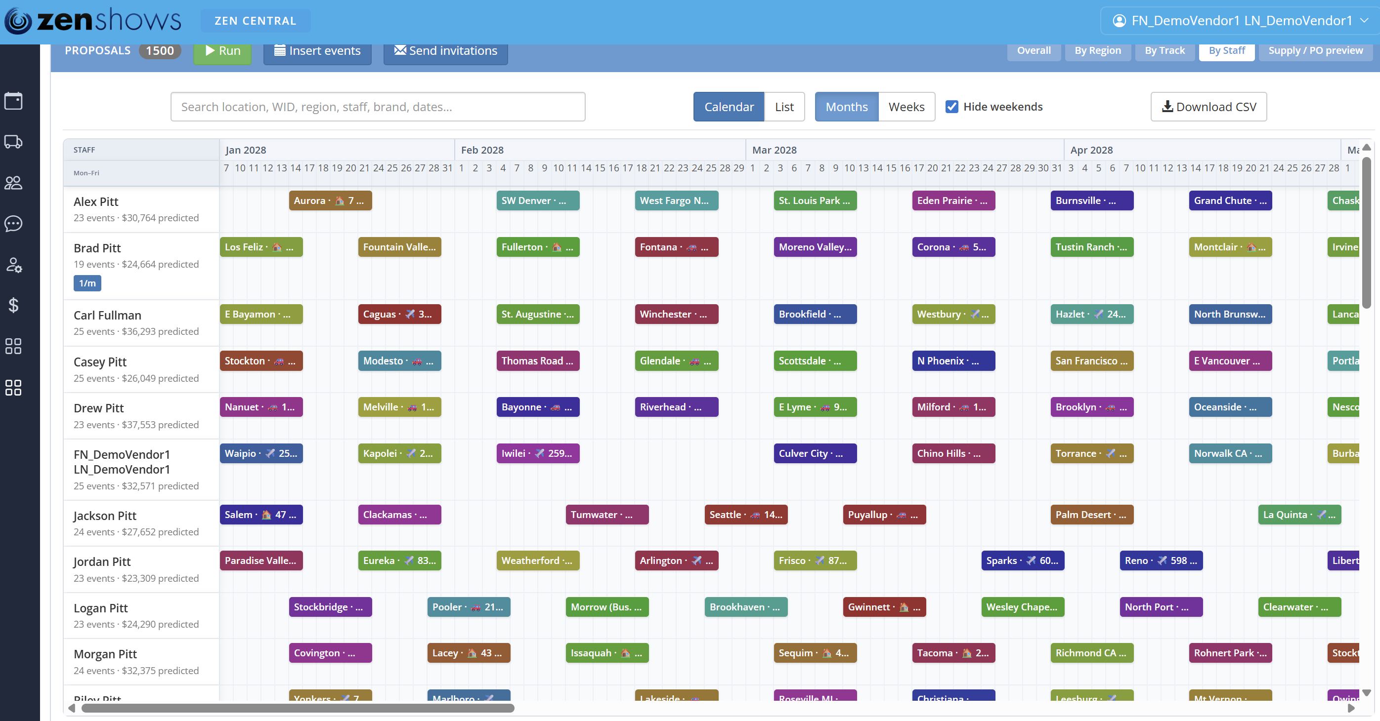 Staff calendar view with all reps and events plotted after Insert Events